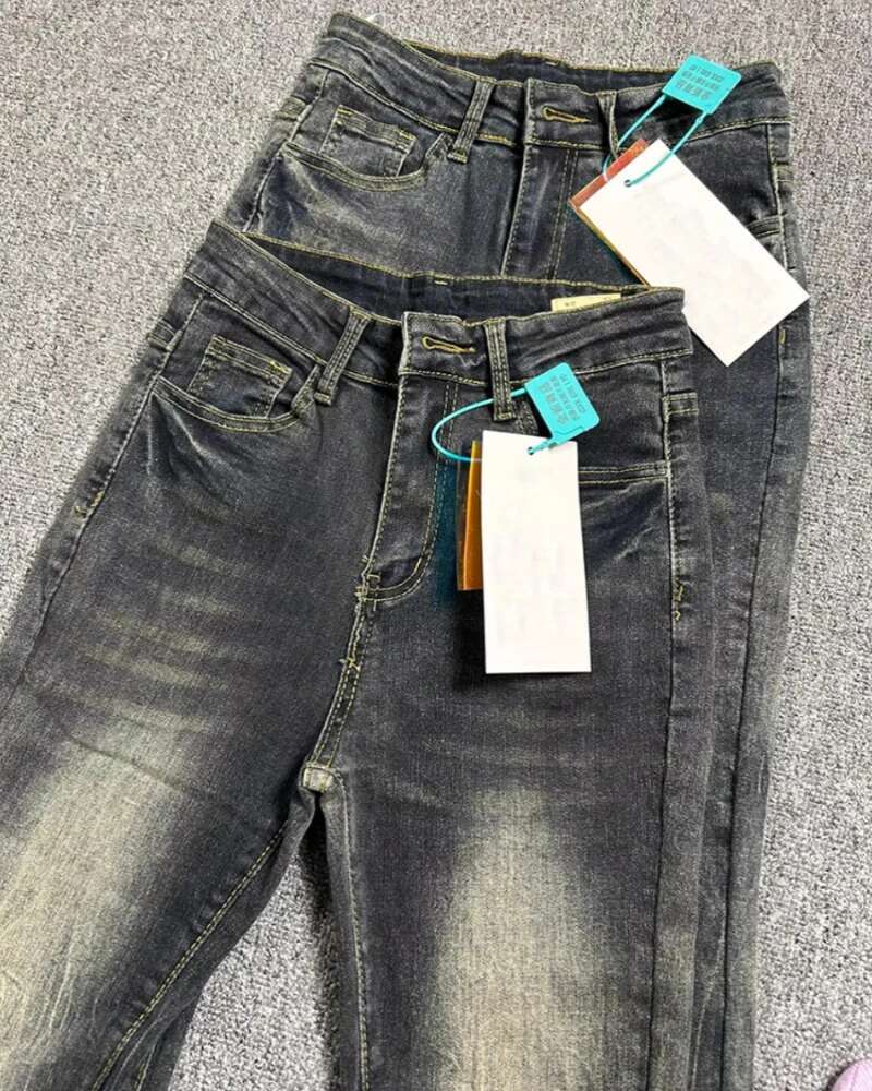 Gothic Washed Denim Flare Women Autumn Streetwear Slim Black Grey High Waisted Jeans Vintage Long Pants Y2k Clothes
