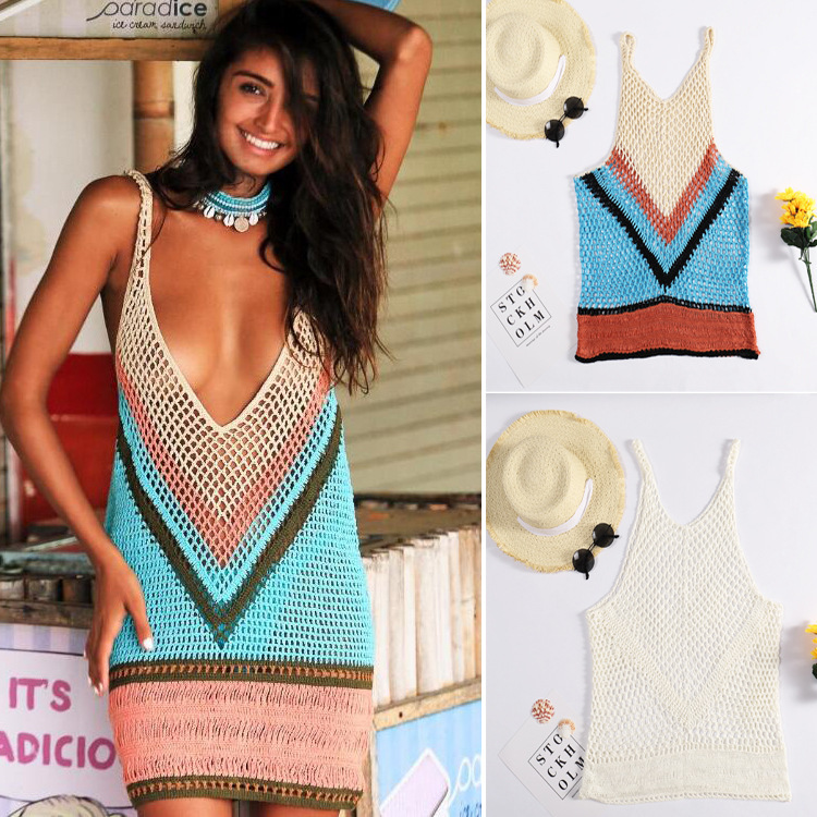 Bohemian Knitted Hook And Loop V-Neck Sexy Backless Hollowed Out Camisole Vest Bikini Top