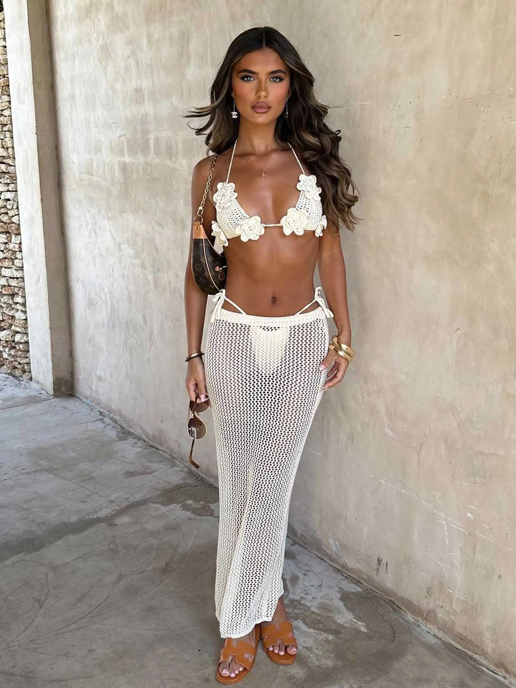 3 Piece Bikini Set 2025 Sexy Crochet Swimwear Ral Bathing Suit With Skirt Sheer Knit Beachwear Vacation Dresses Swimsuit K160