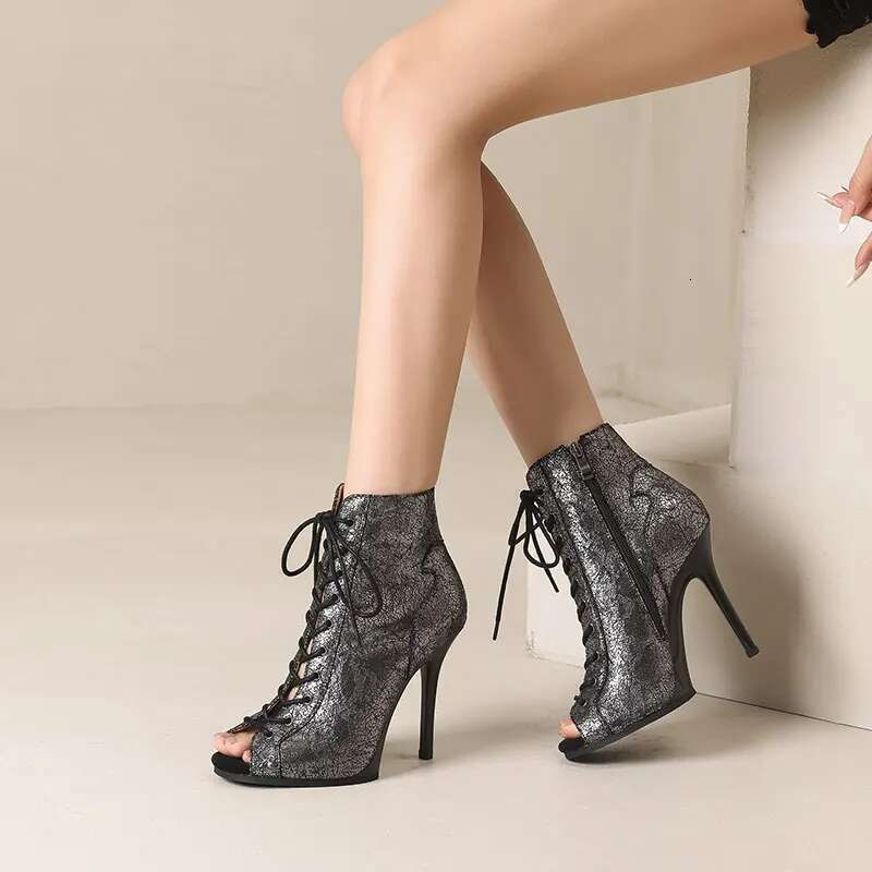 High Heel Womens Fashion High Heeled Boots Lace Up Cutout Peep Toe Boots Stilettos Jazz Dance Female Shoes Ladies