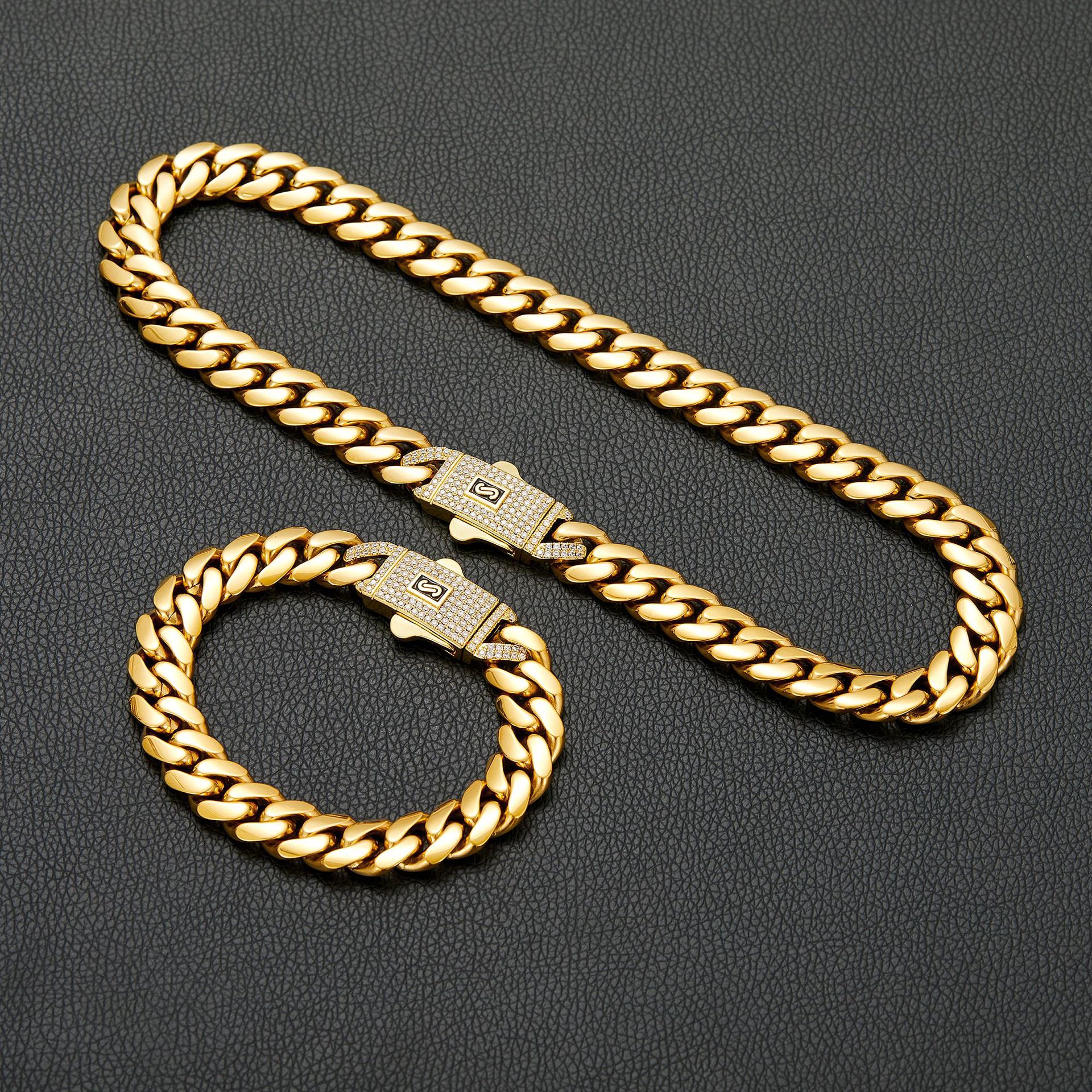 Hip Hop Solid Stainless Steel Cuban Chain Necklace Bracelet Jewelry Spring Clasp Accessories