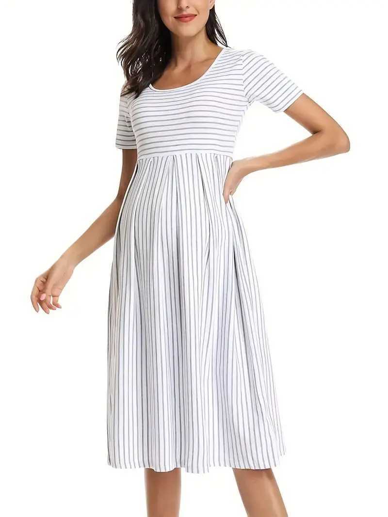 Womens Maternity Short Sleeve Crew Neck Striped Casual Dress Pregnancy Clothes For SummerT250311