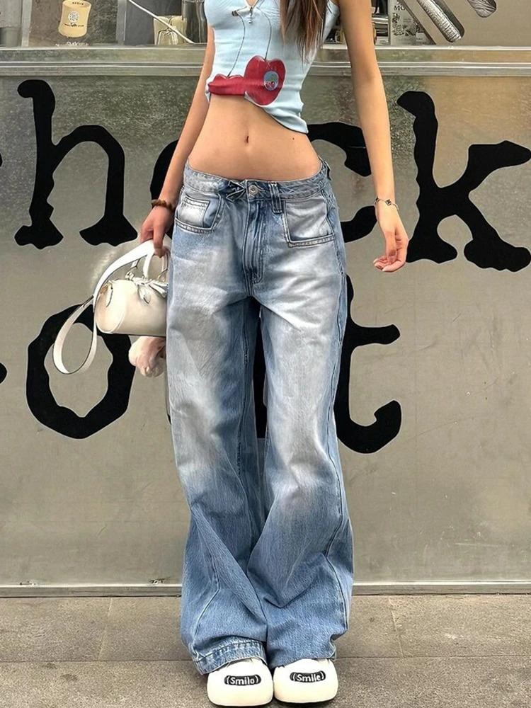 Womens American Vintage Y2k Japanese Harajuku Streetwear Baggy Low Rise Denim Pants Long Trousers 2000s Aesthetic Jean Kpop Punk 250306