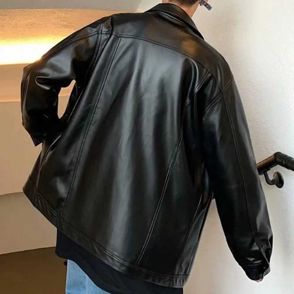 Faux Leather Men Jacket Motorcycle PU Jacket Turn-down Collar Men Retro Leather Jacket Long Sleeves Black Male Casual CoatT250311