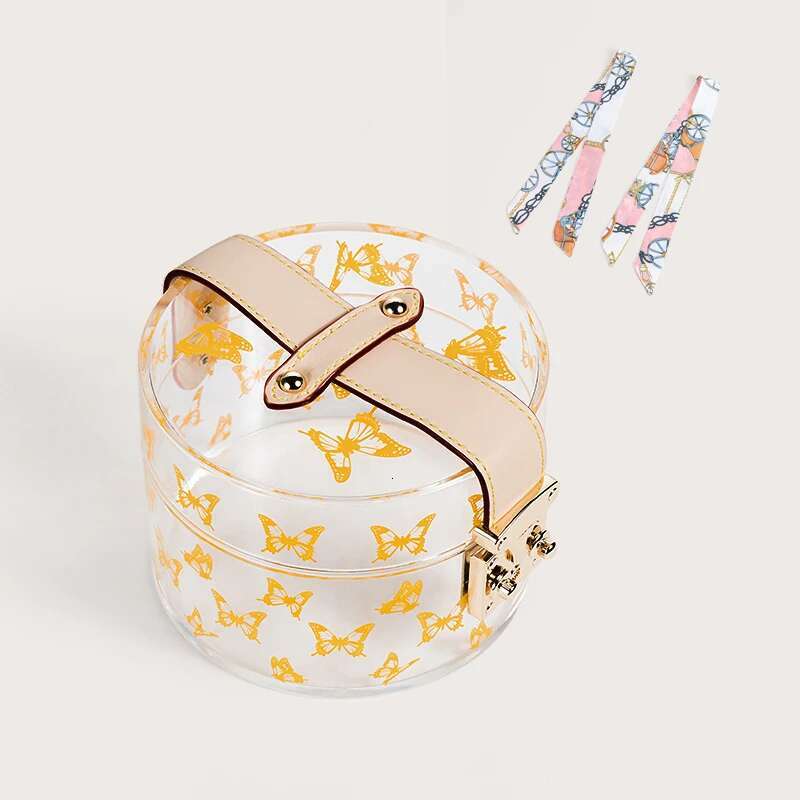 MABULA Butterfly Print Transparent Jewelry Scotts Box Eco Acrylic Clear Trunk Top Evening Handbags 2 pcs Silk Scarf Woven Strap