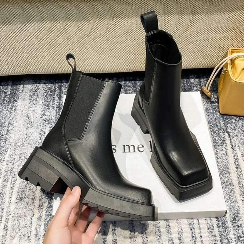 High Heel Genuine Leather Ankle Women Square Toe Short Fashion Chunky Heel Boot High Heeled Designer Platform Boots