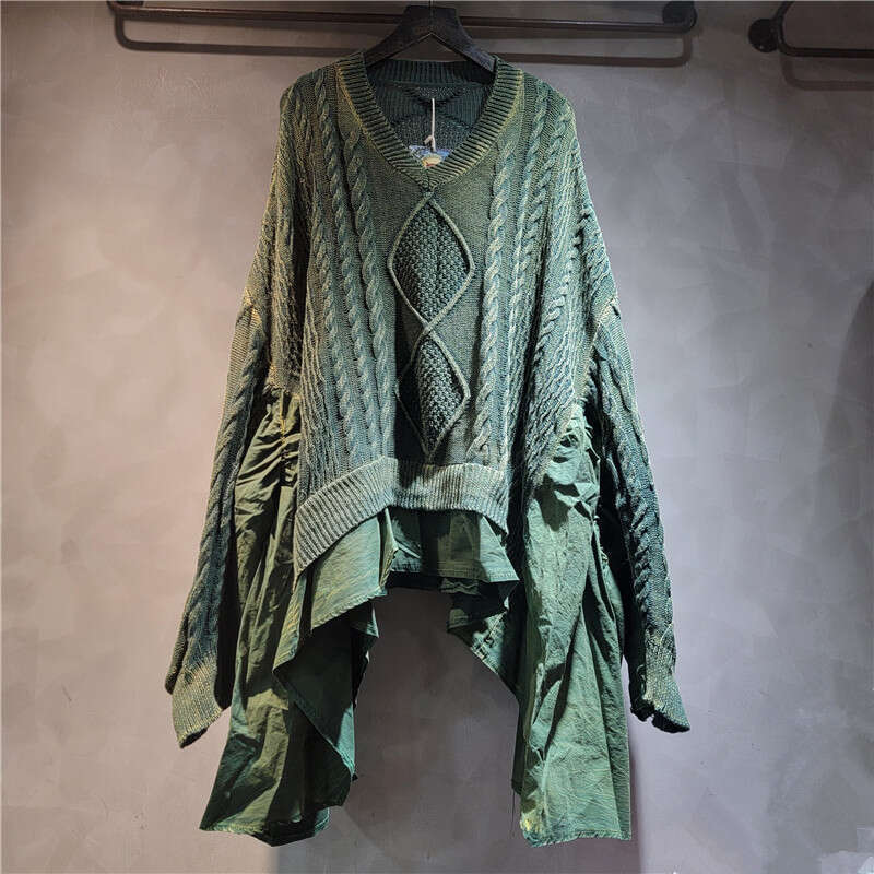 Personalized Distressed Fried Dough Twists Knitting Stitching Ruffle Large Loose Bat V-Neck Long Sleeve Sweater For Women In Spring And Autumn