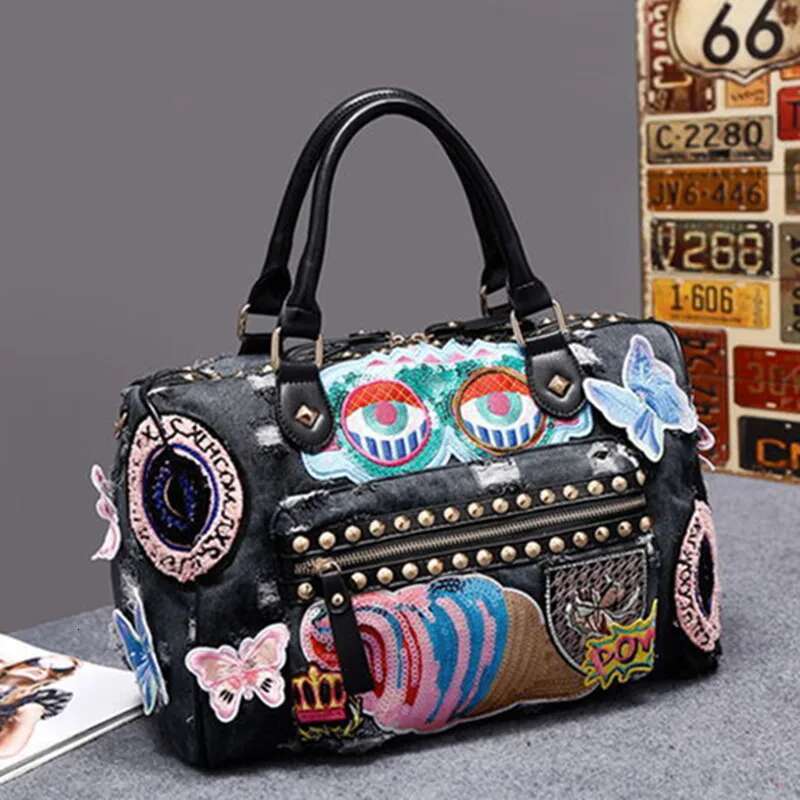 Korean Version Rivet Embroidered Motorcycle Cowboy Women's Bag Hand Carrying Single Shoulder Crossbody Fashion New Trend