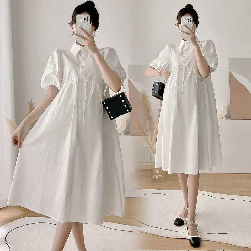 2024 Summer Turn-down Collar Puff Sleeve Pregnant Women Dress Solid Color High Waist Office Lady Elegant Dress Maternity ClothesT250311