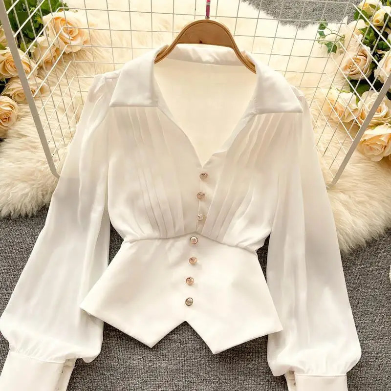 White casual polo neck zipper button fluffy sleeve straight womens shirt clothing top fashion 250310