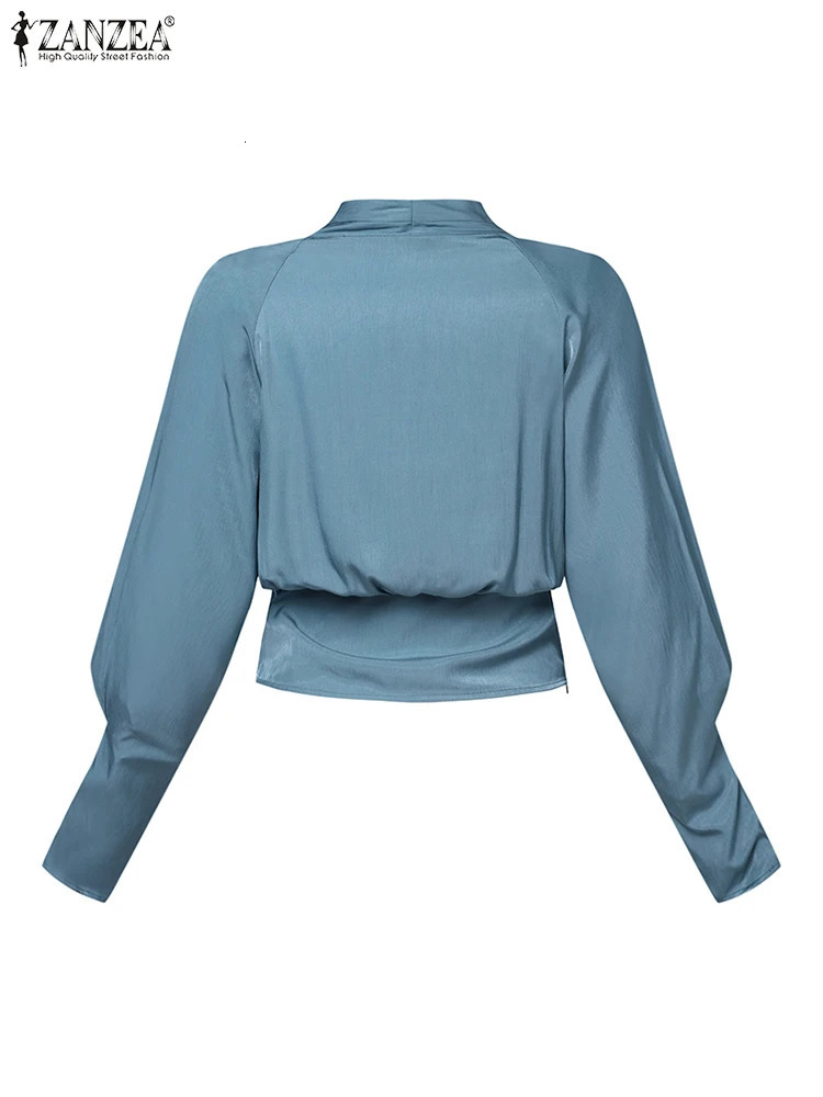 ZANZEA Fashion Wrapped Blouses Women Elegant Long Cuff Puff Sleeve V Neck Tops Waisted Short Irregular Shirts 250310