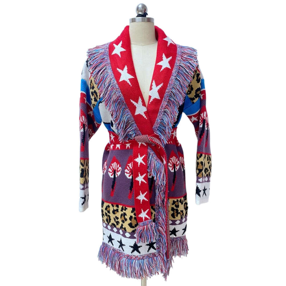 Niche Star Jacquard Long Sleeved Knitted Cardigan Fashionable Loose Bohemian Mid Length Jacket For Women