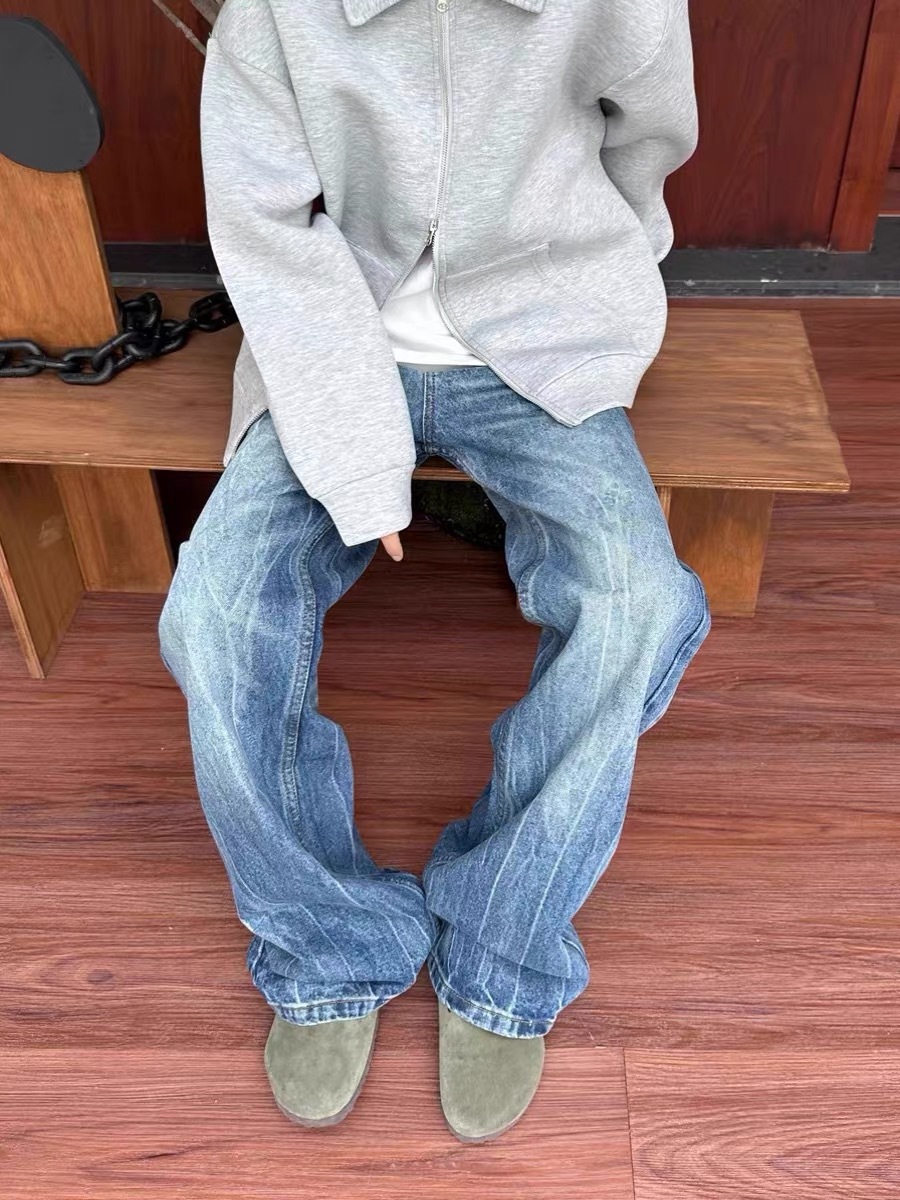 Men's Jeans Burst Pattern Y2K Mens Hip Hop Retro Blue Baggy Jeans Denim Pants Goth High Waisted Wide Trousers