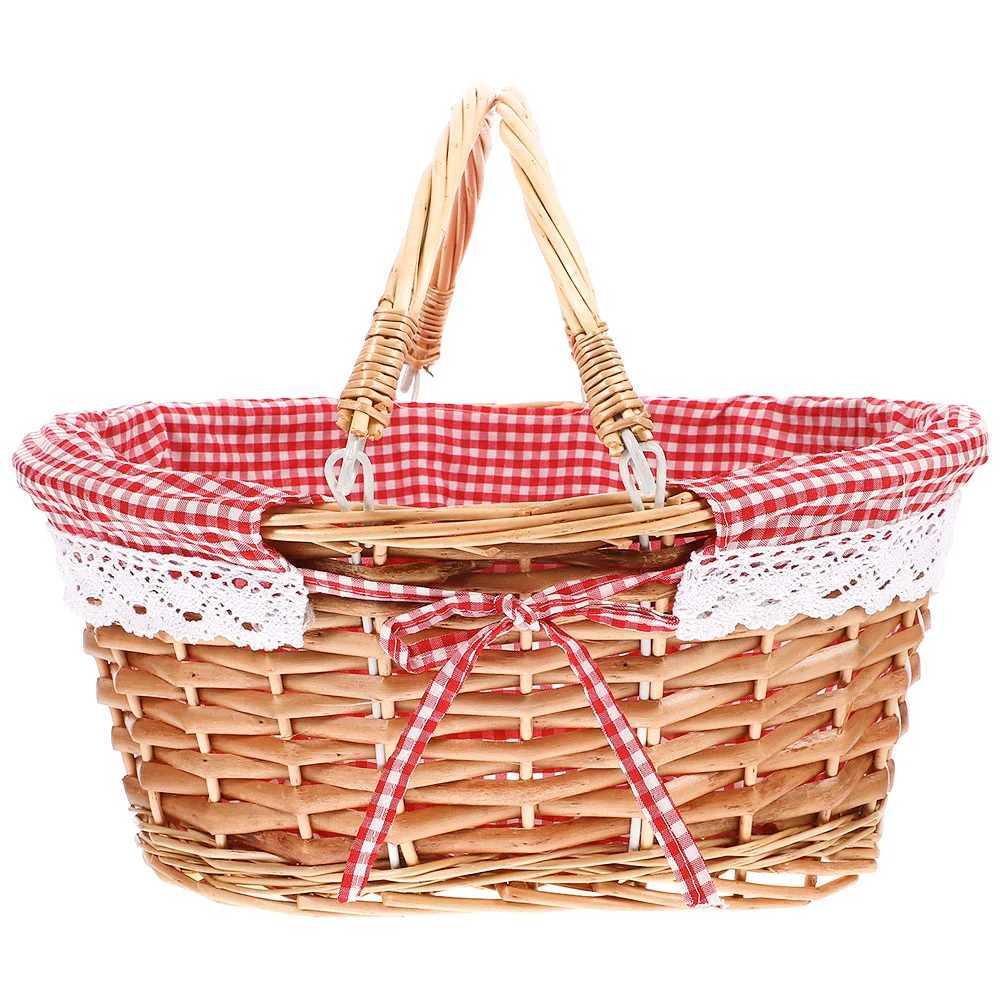 Picnic basket in red with handle large accessory basket round fruit blanket foldable table cooler for shopping X250311