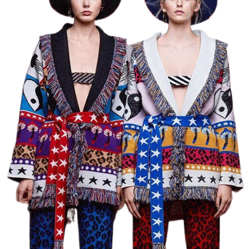 Niche Star Jacquard Long Sleeved Knitted Cardigan Fashionable Loose Bohemian Mid Length Jacket For Women