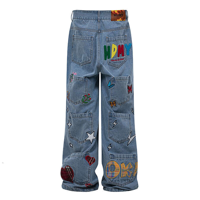 American Style Jeans For Men, Washed With Multiple Pockets, Butterfly Lightning Letter Embroidery, Wide Leg Loose Long Pants