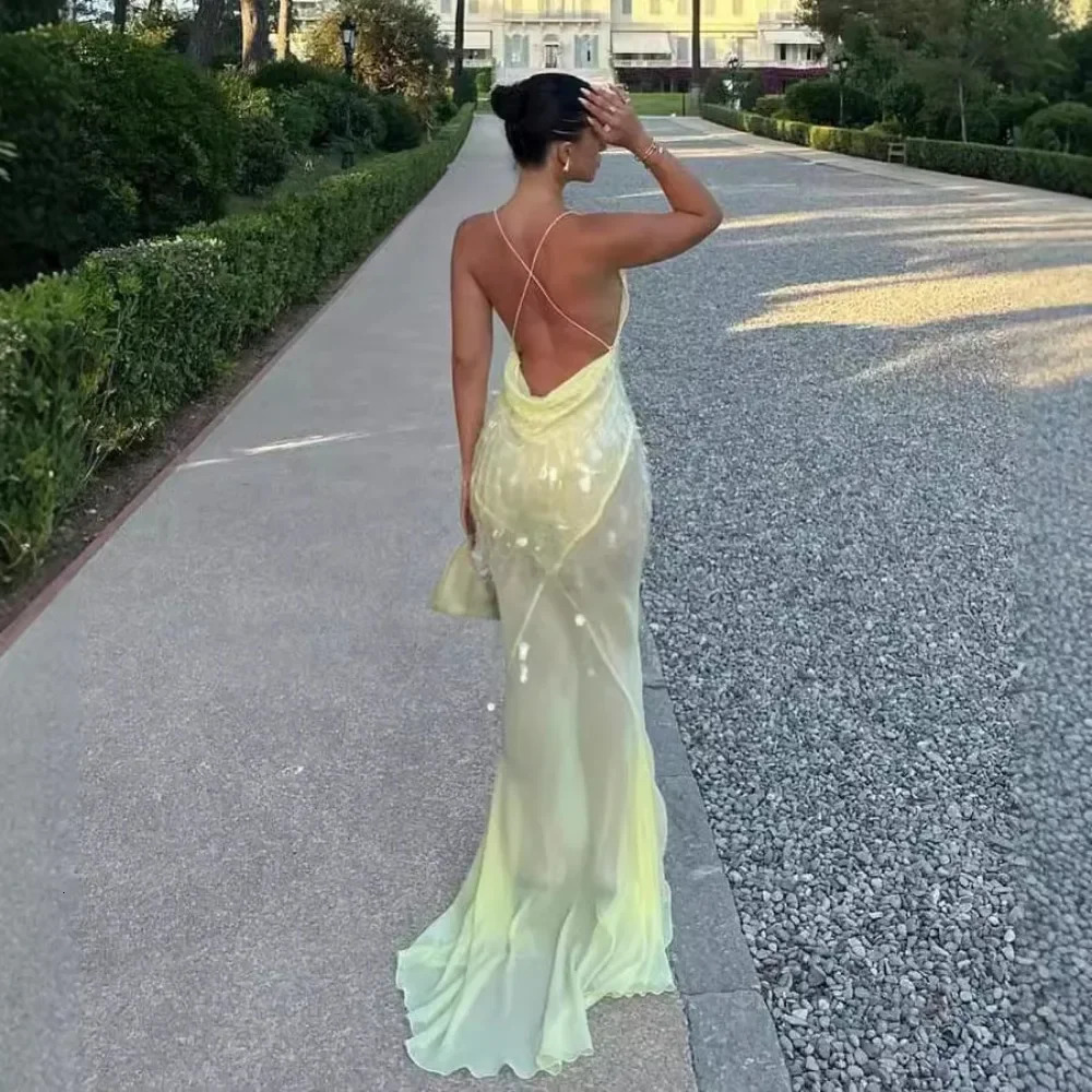Yellow Sequins Maxi Beach Dress Women Sexy Backless Slim Party Fishtail Dresses Summer Mesh Patchwork Sheer Holiday Dress