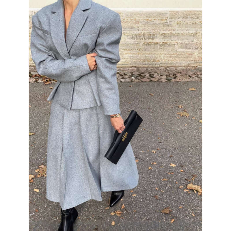 -Autumn And Winter New Fashionable Women's Waist Cinched Small Suit A-Line Length Half Skirt Two-Piece Set