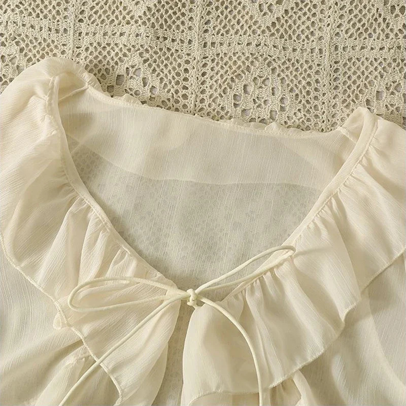 Womens Sweet Chiffon Sparkling Sleeves Sunscreen Shirt Summer Ruffle Edge Lace Beach Open Knitted Woolen Sweater Casual Outdoor Solid Loose Thin Coat 