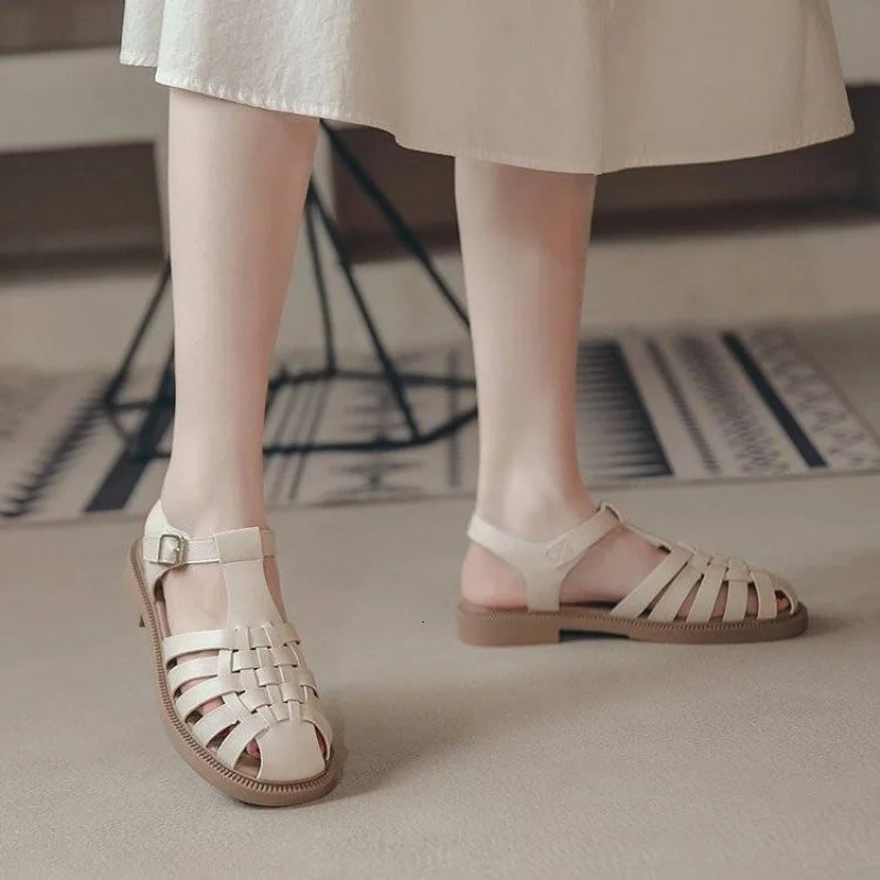 shoes Closed Toe Sandals Black Shoes For Women Summer Womens Heels Breathable Beige Low Retro Ladies Flat Gladiator 250305