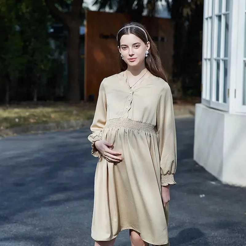 2025 New Solid Summer Women Maternity Clothing Long Sleeve High Waist Ruffle Female Pregnant Breathable Polyester Adult DressesT250311