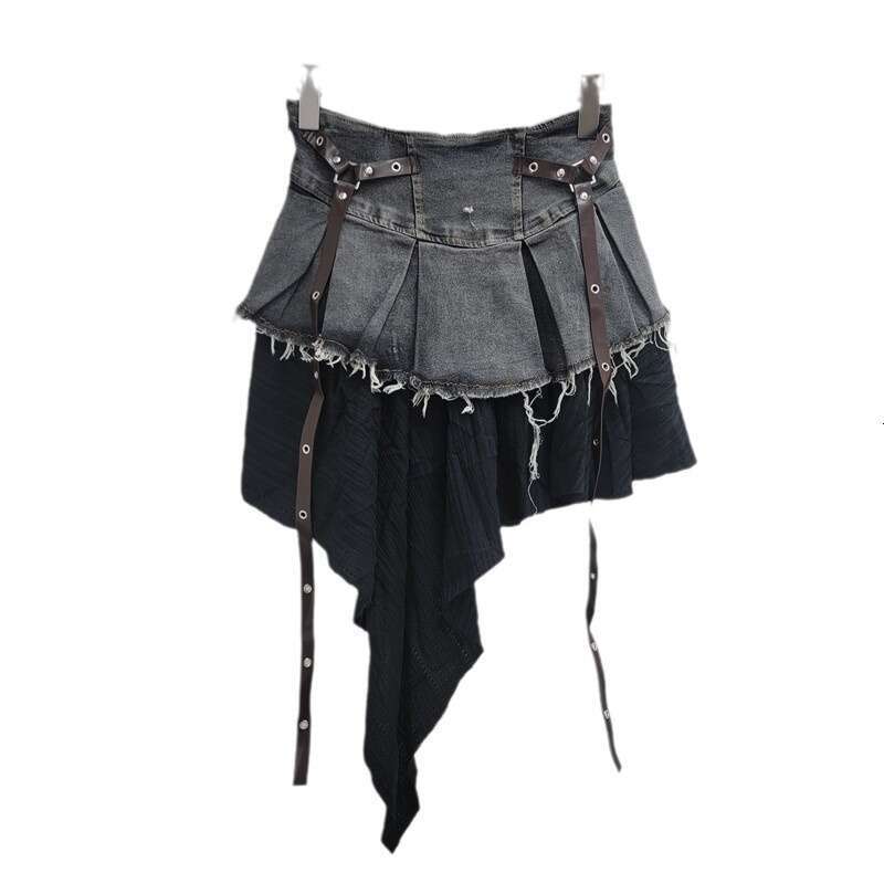 Splicing Denim Pleated Midi For Women's Autumn New Style Temperament Spicy Girl Fashionable High Waist Slimming A-Line Short Skirt