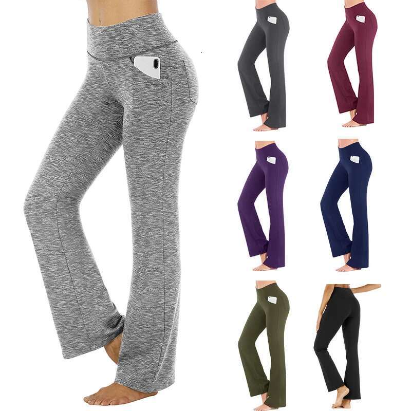 Straight Flare Elastic High Waist Yoga Pockets Casual Holiday Women Clothing Solid Basic Trouser Slim Long Pants Sport