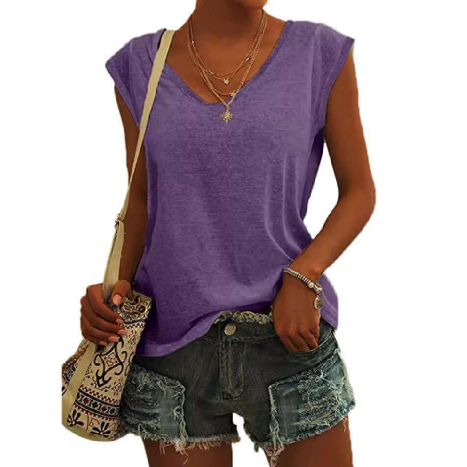 2025 New Womens Solid Color V-neck Cap Sleeves Loose T-shirt Summer Printing Short Sleeve Slim Crop Top Casual Graphic T Shirts Street Activity Crop T