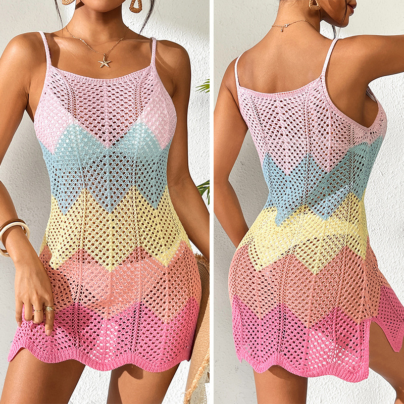Women's Short Strap With Sexy Hollow Texture Macaron Color U-Shaped Neck Knitted Seaside Cover Skirt