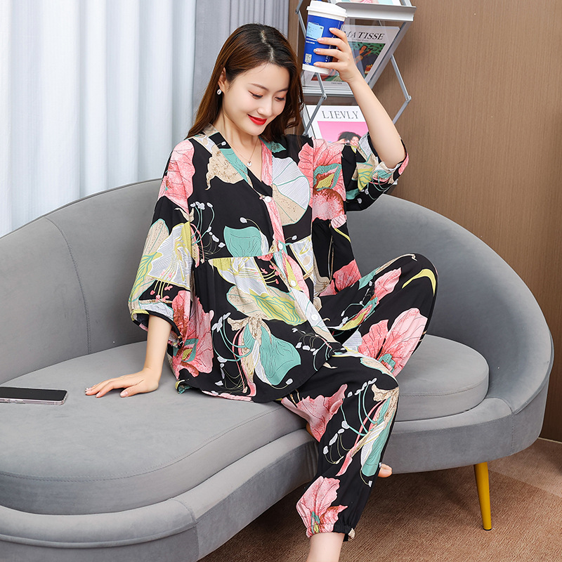 B811-Summer women's pajamas simple loose short-sleeved trousers pure cotton home clothes can be worn outside