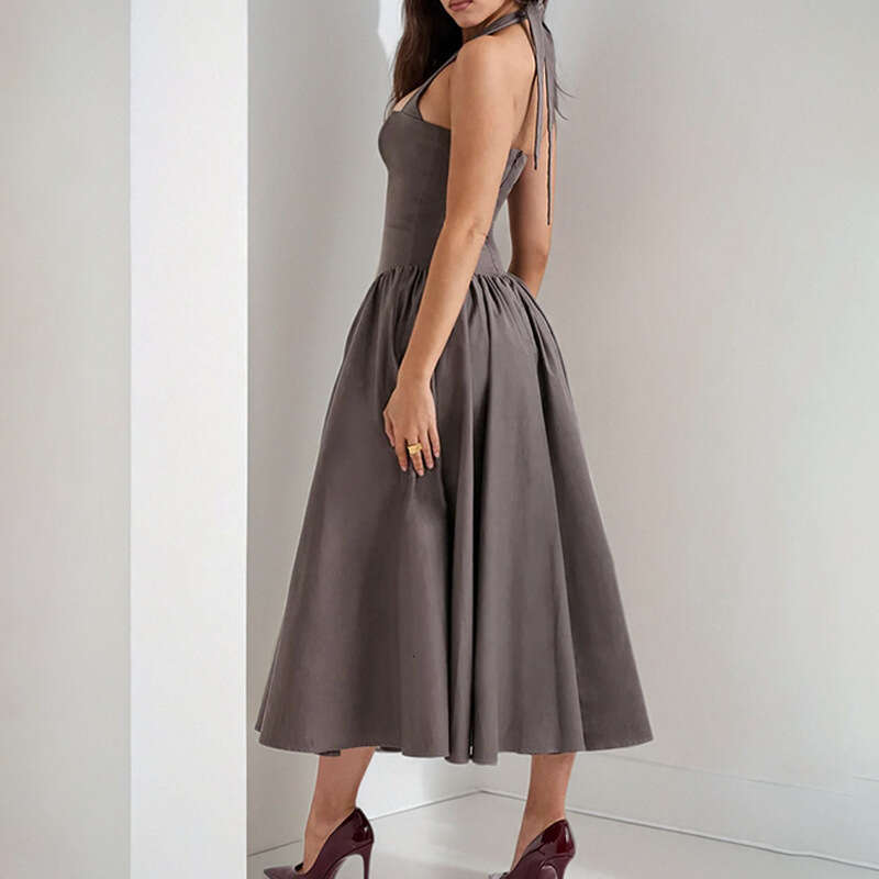 Women's Clothing 2025 Spring New Temperament Sexy Pure Desire Style Hanging Neck Exposed Back Strap Big Swing Dress KLMY