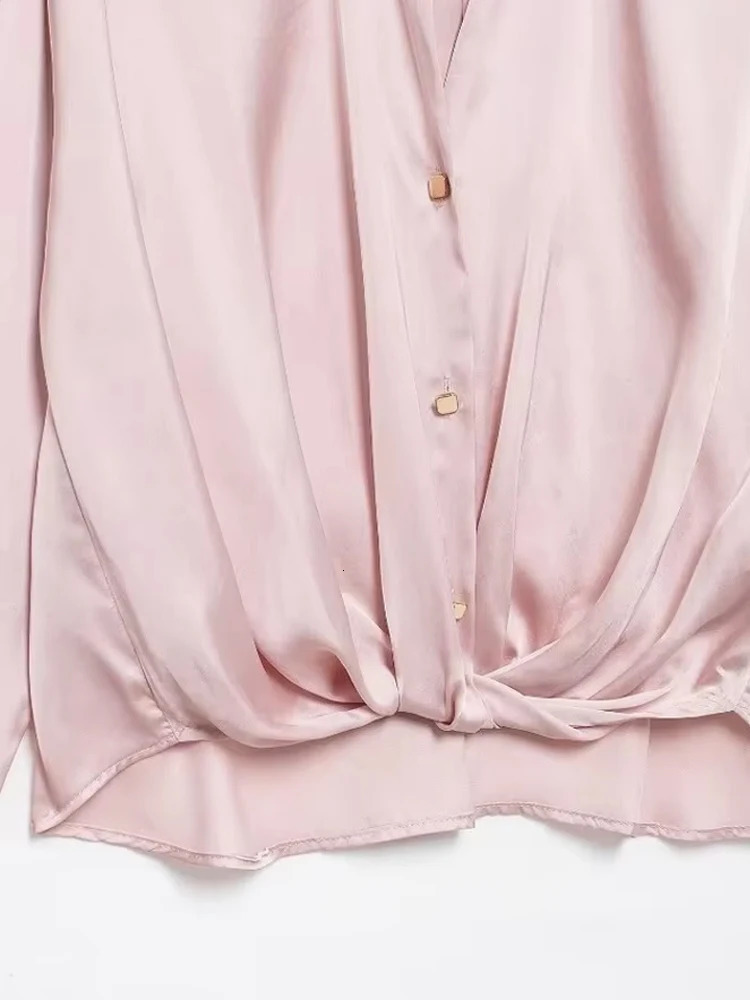 TRZA Loose Womens Shirt with Knot Satin Long Sleeve Front Button Top Fashion 250311