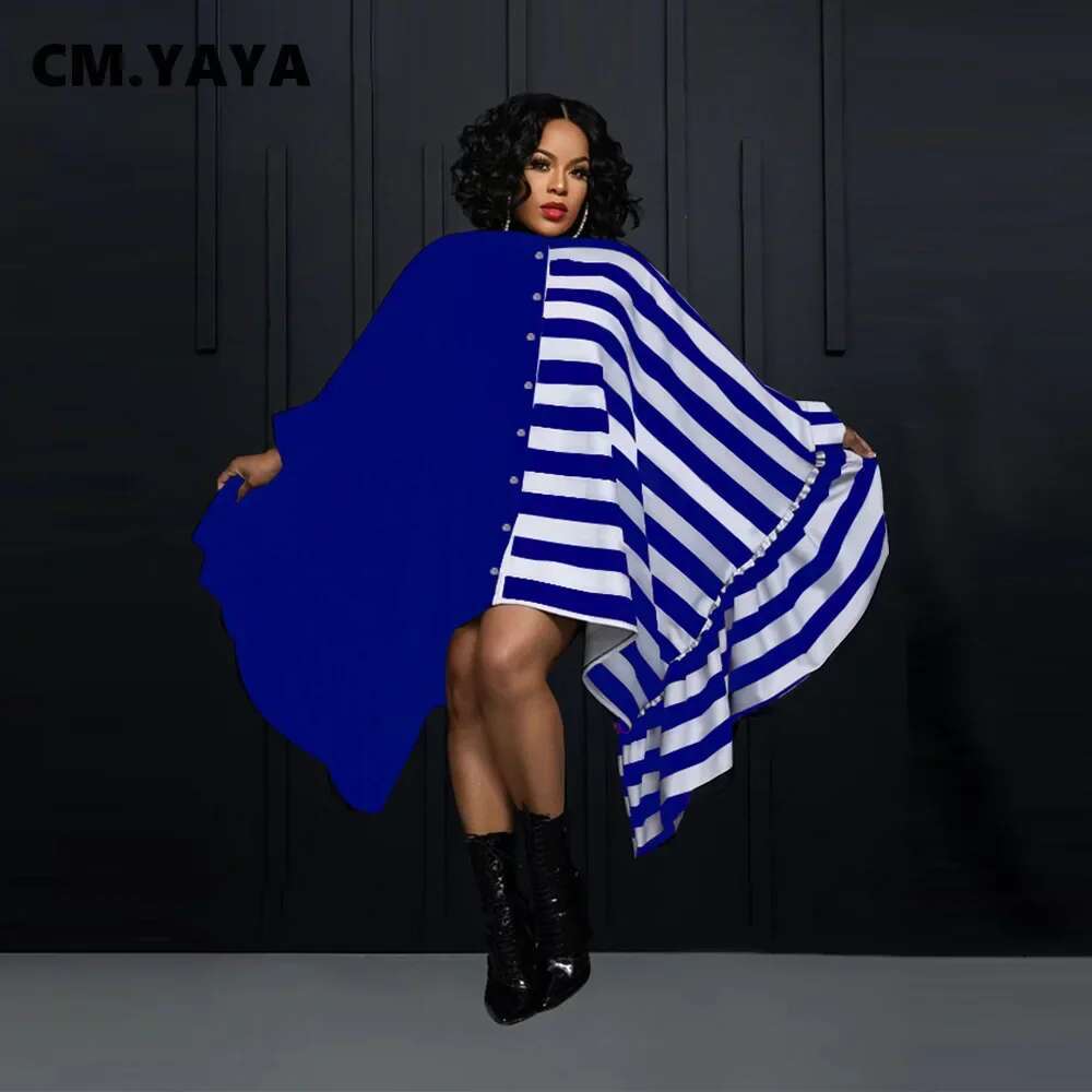 Cm.Yaya Women Striped Patchwork Ruffles Hem Batwing Long Sleeve Loose Shirt Dress 2023 Autumn Winter Fashion Dresses Vestidos