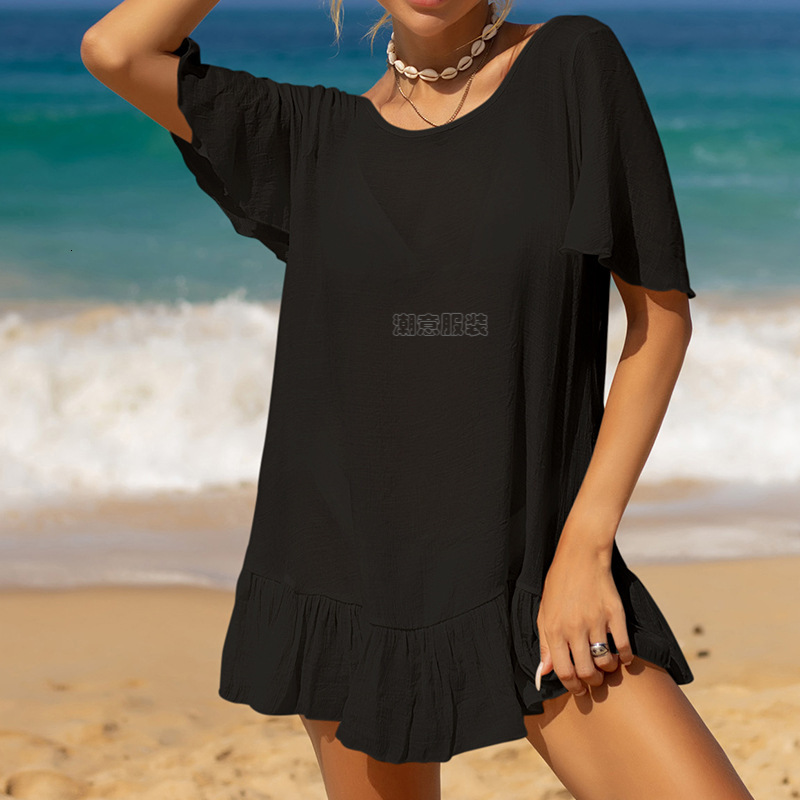 New Holiday Solid Color Hand Hook Butterfly Splicing Mushroom Edge Loose Sunscreen Sexy Beach Short Cover Shirt