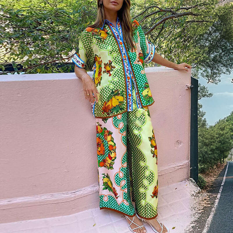 2025 Style Commuting Printed Color Blocked Short Sleeved Shirt, Wide Leg Pants, Spring Women's Suit KLMY