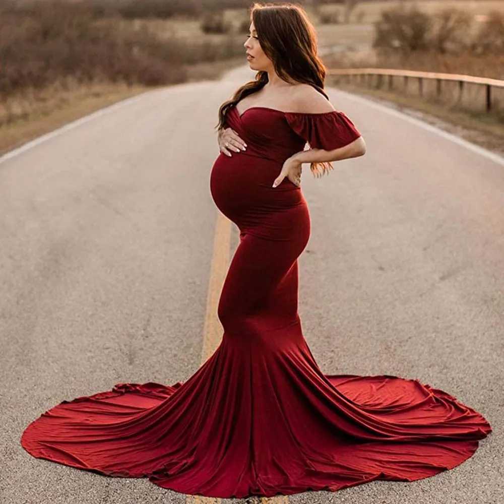 Shoulderless Maternity Dresses For Photo Shoot Sexy Ruffles Sleeve Pregnancy Dress New Maxi Gown Pregnant Women Photography Prop X250224