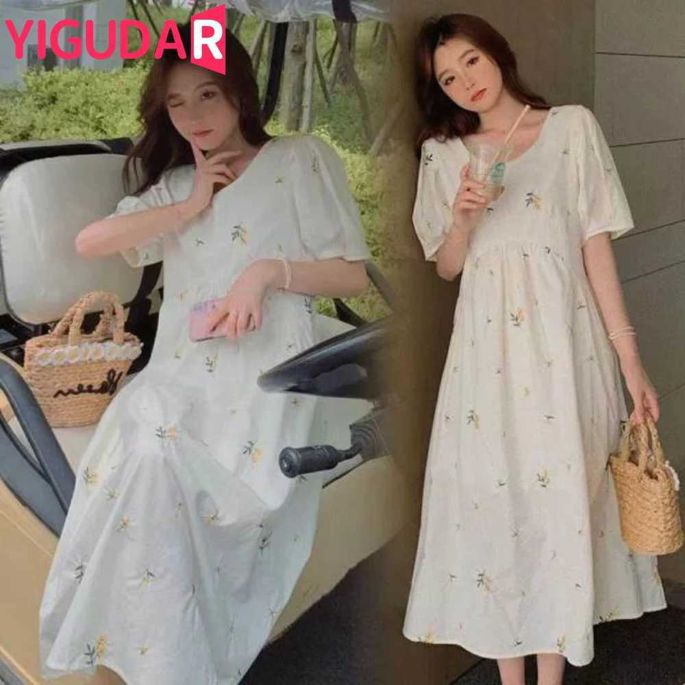 Pregnacy Dress Bowknot Dress Women Bubble Sleeves Chiffon Small Flower Printing Maternity Clothing Pregnant Woman ClothesT250311