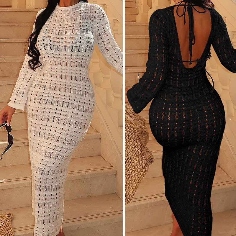 New Hollowed Out Texture Sleeved Vacation Dress, Beach Sun Protection, Backless Strap Cover, Long Skirt