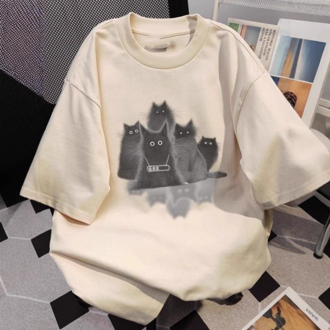 New cotton cat printed short sleeved designer women's T-shirt versatile, niche cute top 25 trendy styles to show off weight1