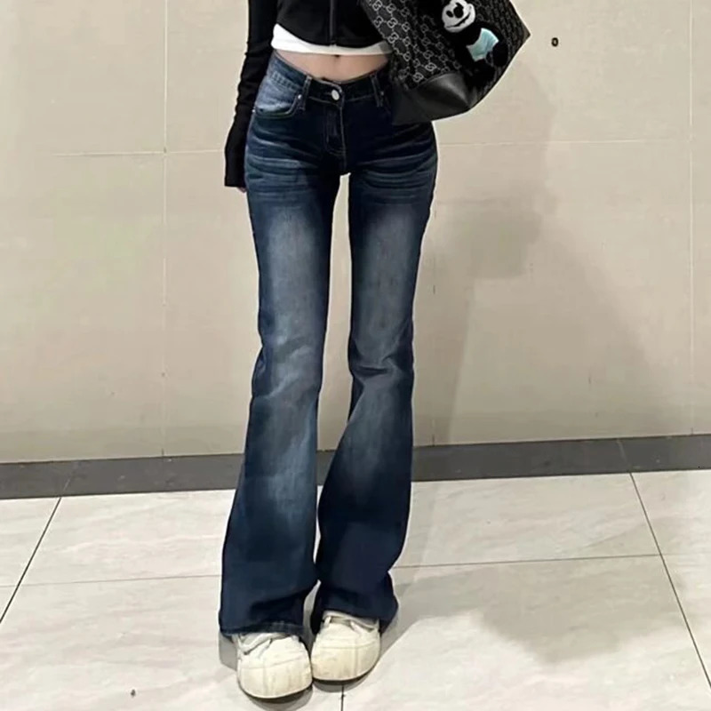 Womens Fashion Vintage Dark Blue Flare Jeans Female Low Waist Bell Bottom Pants Girls Stretch Streetwear Denim Trousers 250311