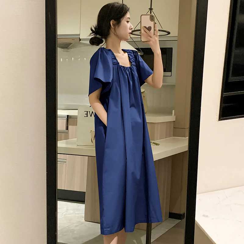 Korean Style Plus Size Maternity Dress with Pockets Solid Color Flying Sleeve Square Collar Pregnant Woman A-Line Dresses LooseT250311