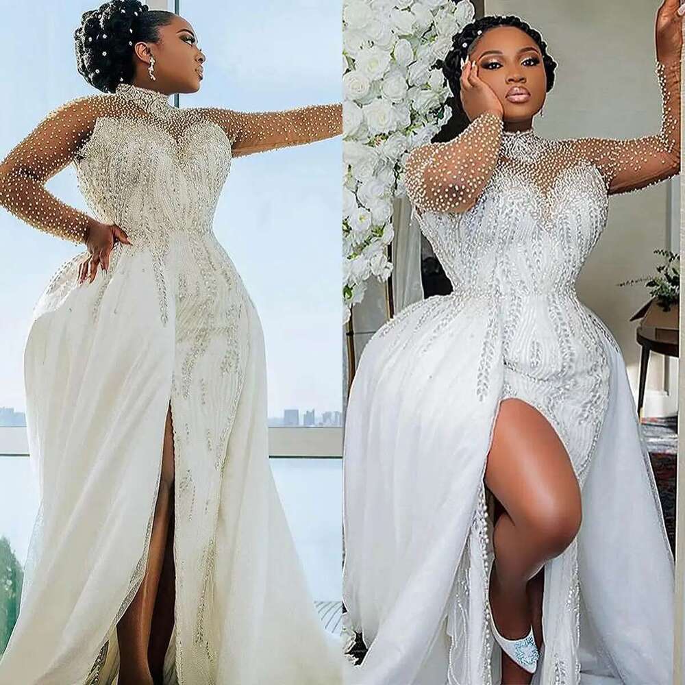 The High Neck Mermaid Dresses Female Plus Size Pearls Full Sleeve Beaded Lace Layered Ruffled Wedding Dress