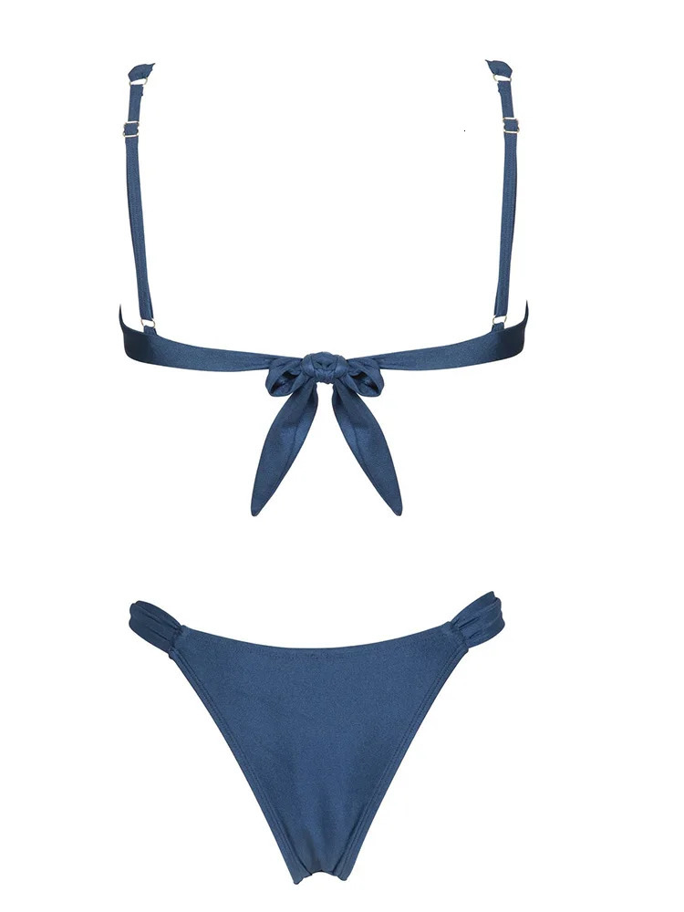 ZRTAK Purplish Blue Women Swimwear Bikinis Thongs Swimsuit Knot Bikini Beachwear Solid Bathing Suit Sexy Two Piece Sets 250310