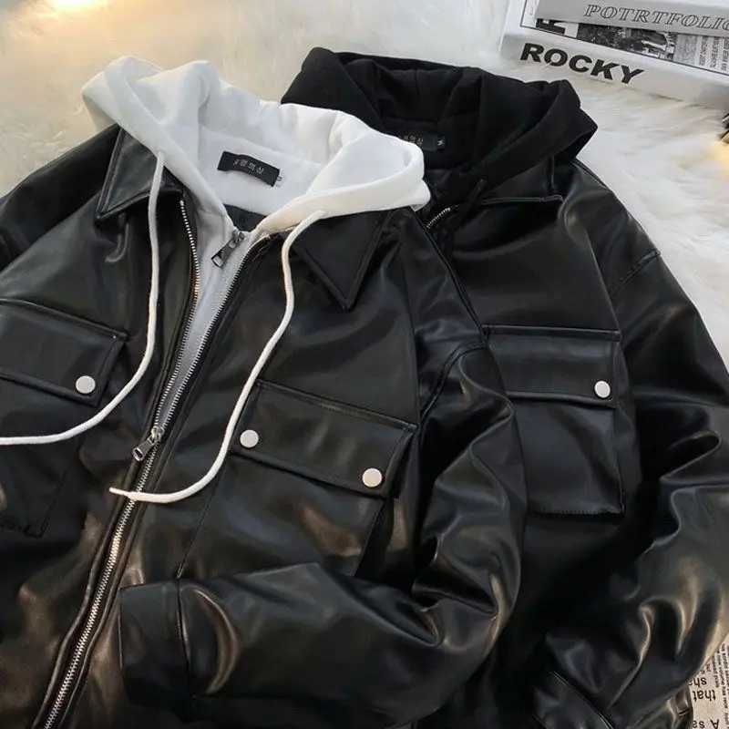 Pu Leather Mens Leather Jacket Street Fashion Hip Hop Vintage Hooded Leather Jacket Men Clothing Loose Casual Mens Jacket TopsT250311