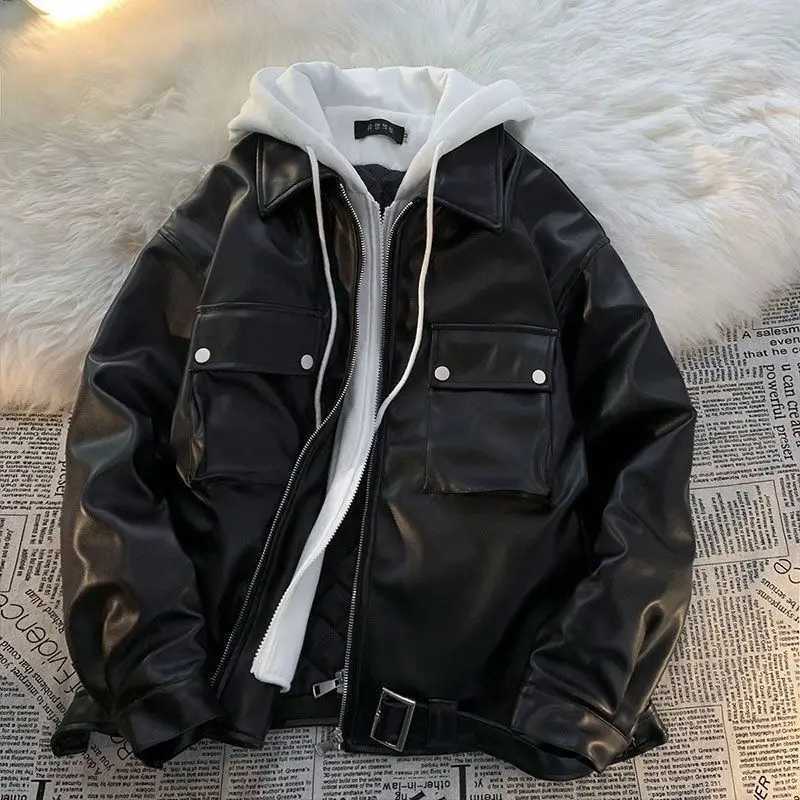 Pu Leather Mens Leather Jacket Street Fashion Hip Hop Vintage Hooded Leather Jacket Men Clothing Loose Casual Mens Jacket TopsT250311
