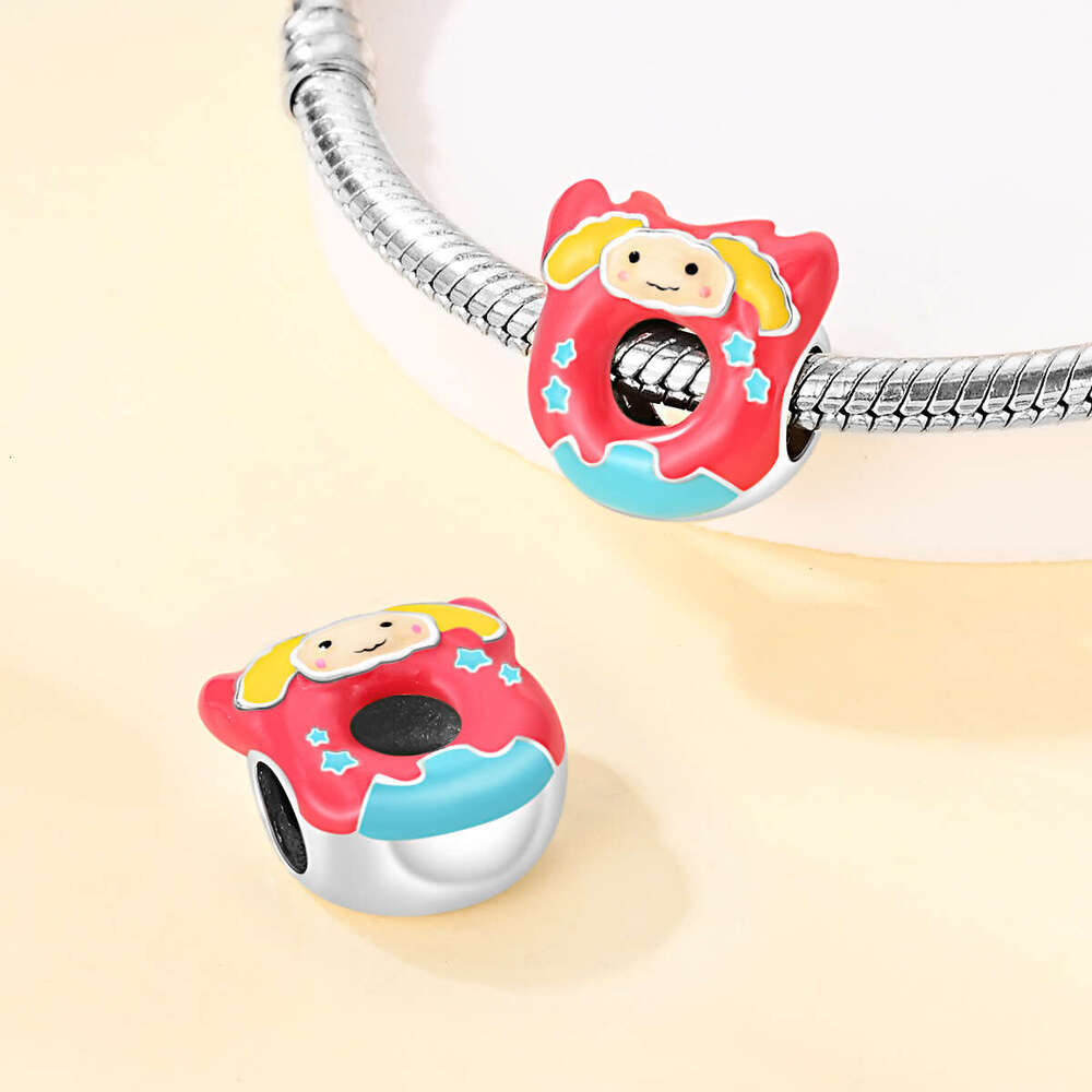 925 Sterling Silver Cartoon Linked Doughnut Series Charms with Enamel Pink Sweet beads DIY bracelet necklace beads new style for women jewelry gift