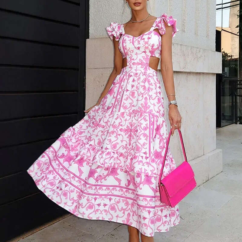 2025 Women's Elegant Flying Sleeve Printed Hollow Waist Dress Female 661 KLMY