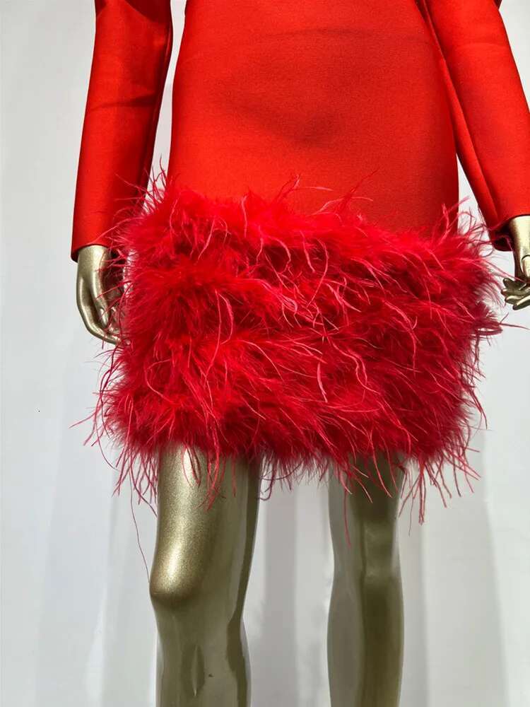 Women Sexy Long Sleeve Beading Feather Red Mini Bandage Dress Celebrity Elegant Evening Party Club Clothing