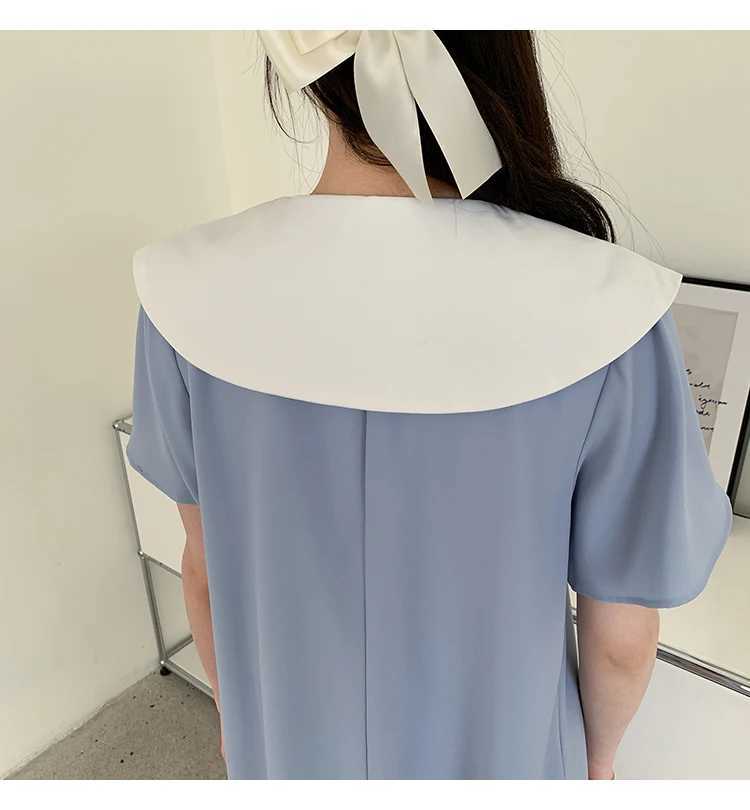 Navy Collar Pregnant Women Short Dress Loose Summer Short Sleeve Maternity Pleated Dress Sweet Pregnancy Chiffon Dress Blue PinkT250311