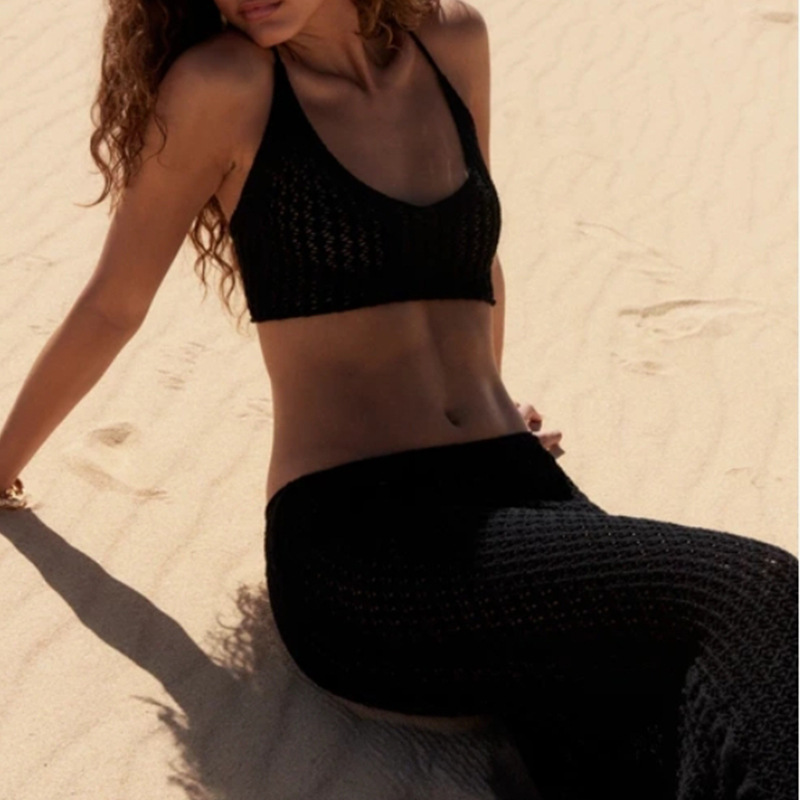 Holiday Hollow Out Long Skirt Sexy Bikini Fashionable Sunscreen Strap Design Beach Cover Shirt Set
